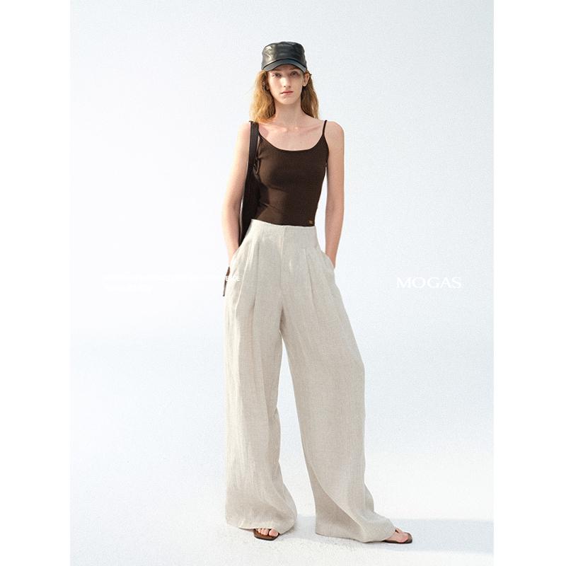 

Effortless Old Money Pure Linen Wide-Leg Trousers with Leather Waistband Small
