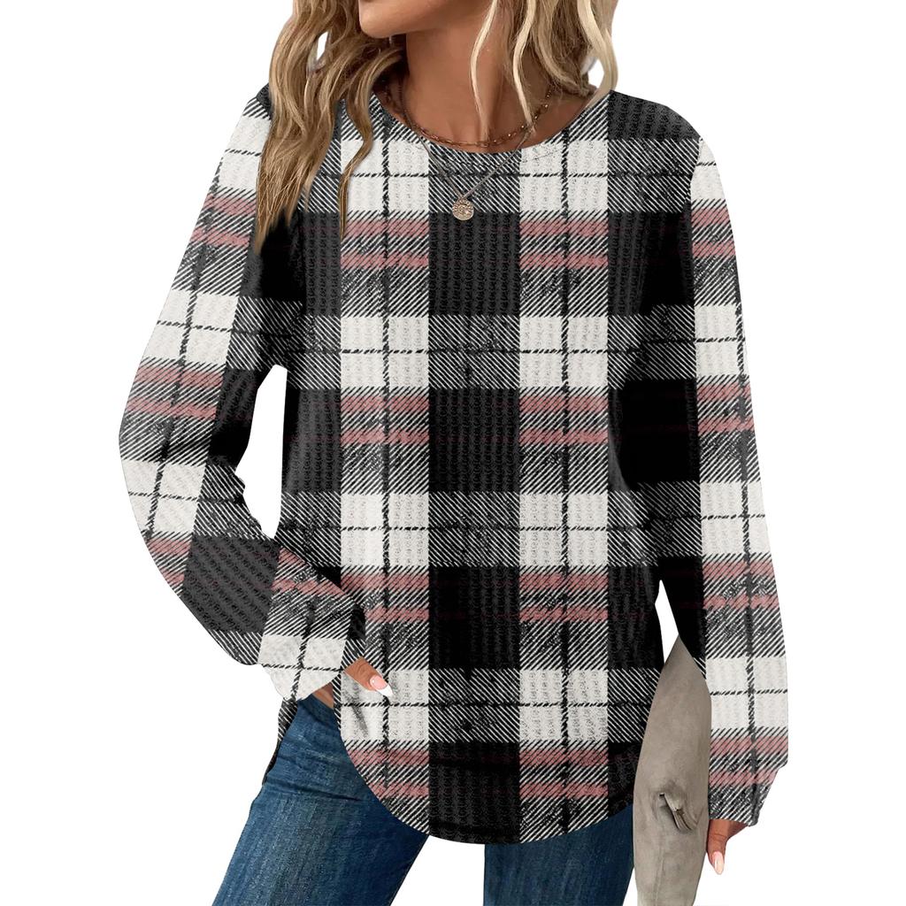 Women's Plaid Print Round Neck Long Sleeve Casual Loose Top