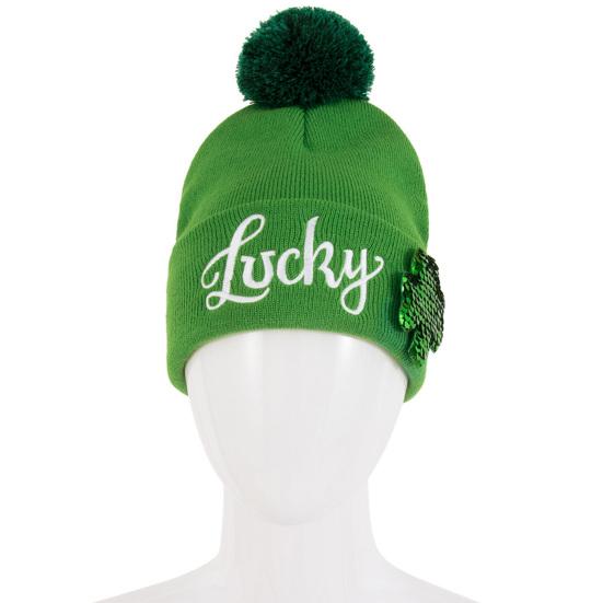 St. Patrick's Day Shamrock Hat Irish Cuffed Pom Knit Hat Green Sequins Clover Skull Cap for Women Men Party Costume Accessory