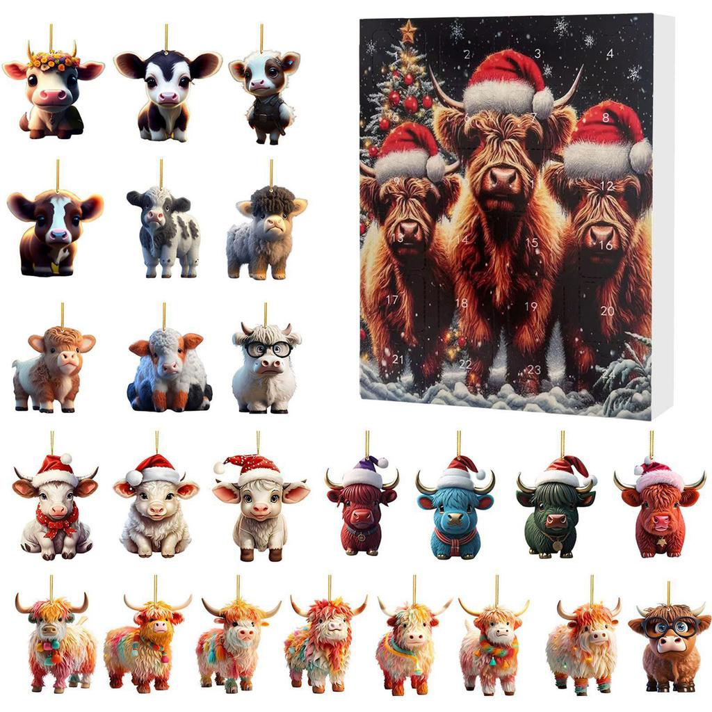 Christmas Advent Calendar 24 Pcs Highland Cow Ornaments 2D Acrylic Cute Animal Christmas Tree Decorations Xmas Countdown Gifts
