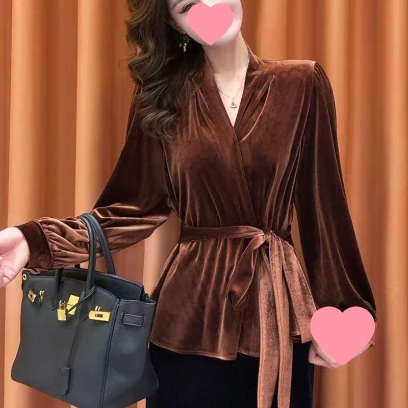 Pure Desire Women's French Style Velvet Tie-Up Long Sleeve Top - Slimming and Flattering for Autumn/Winter