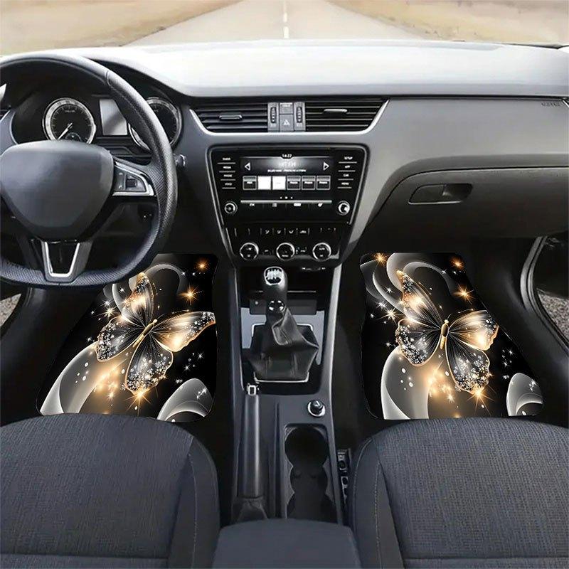 4pcs Set Elegant Butterfly Car Floor Mats with Anti-Slip Design, Soft Velvet-Like Texture (Durable Fabric) - Golden & Black Luxury Pattern