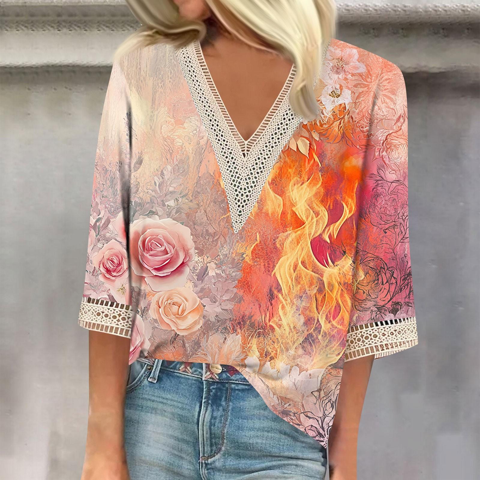 

Женская модная футболка с V-образным вырезом и кружевным винтажным цветочным принтом, повседневный топ с семью рукавами XXXL розовый