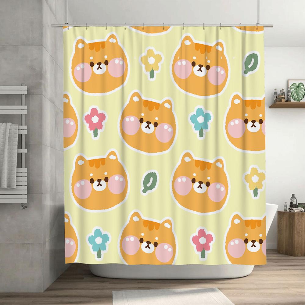 Animal Cartoon Print Shower Curtain With Cute Dog Design Creative Bathroom Decor For Home Decoration In Yellow Color (180X270Cm)