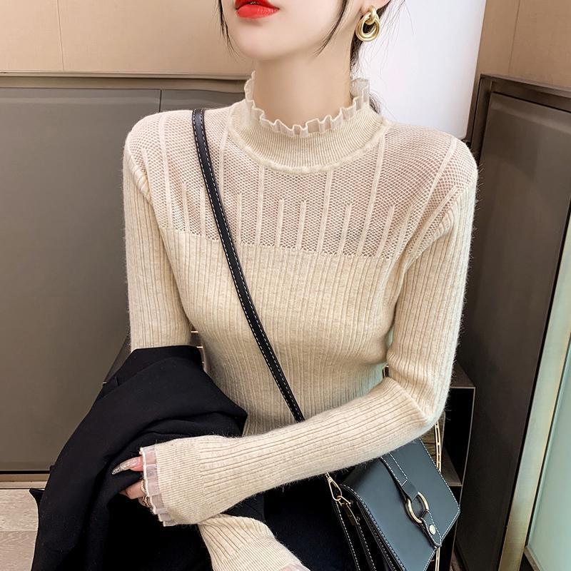 Half High Collar Lace Edge Knitted Sweater for Women Base Shirt Autumn and Winter Women's Clothing