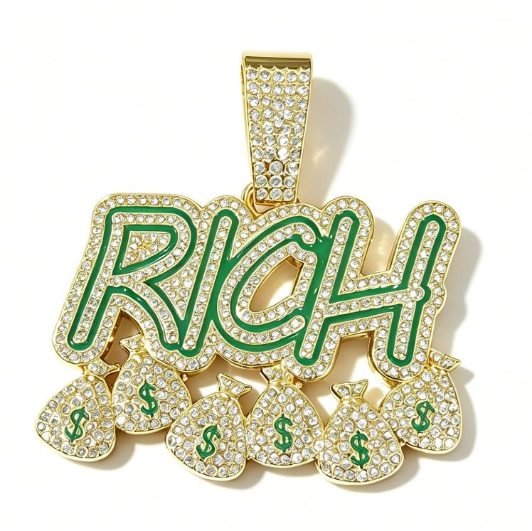 Hip Hop Rich Letter Diamond Cuban Necklace Alloy Men S Full Diamond Money Bag Pendant Jewelry