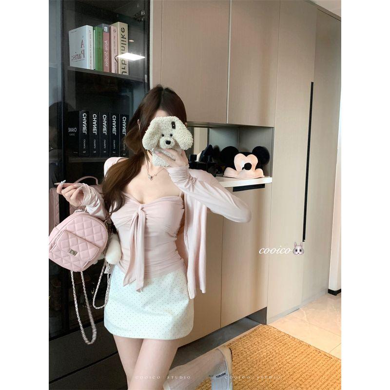 Pure Desire Style Suit Pink Thin Cardigan Short Outwear Women's Clothing Autumn Inner Wear Lace-up Tube Top Vest Two-Piece Set