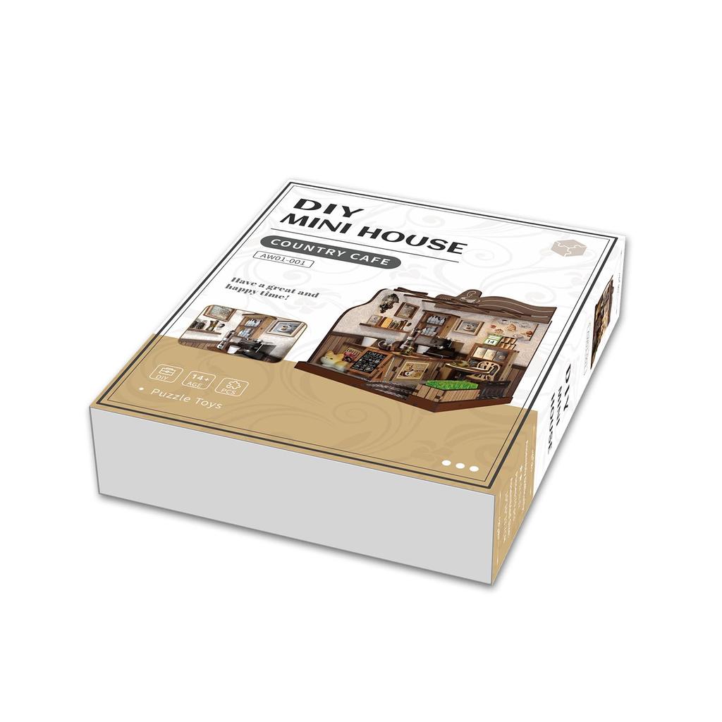 Minihaus Landcafé Miniaturhaus Bausatz mit Buchnische und LED Puppenhauslicht, für Anfänger