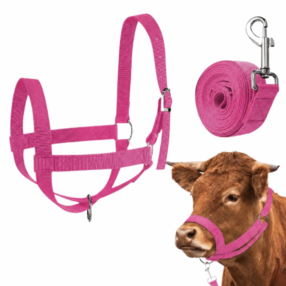 Pevné dobytčí ohlávka s vodítkem Nastavitelný popruh pro hospodářská zvířata Lano pro výcvik telat Venkovní použití pink with 300cm rope pink