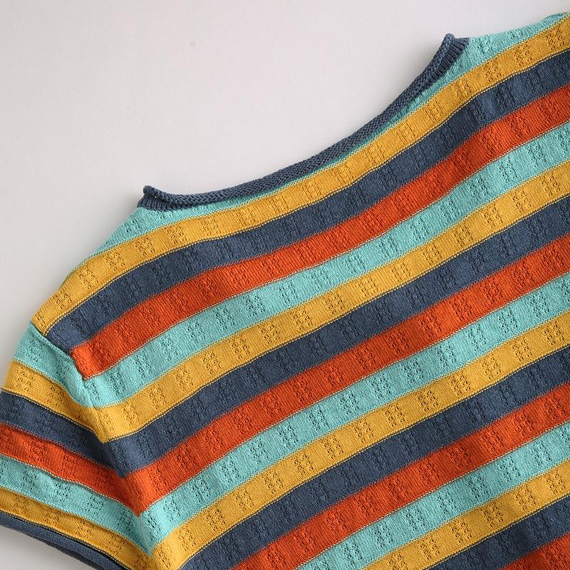 Rainbow Striped Knitted Cardigan Short Sleeve Women Summer New Pure Cotton Round Neck Stylish Exterior Comfortable Comfortable Top
