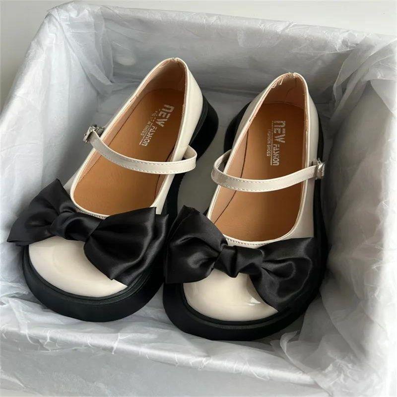 Bow small leather shoes women's British style platform muffin round head with skirt French Mary Jane Japanese jk big head shoes