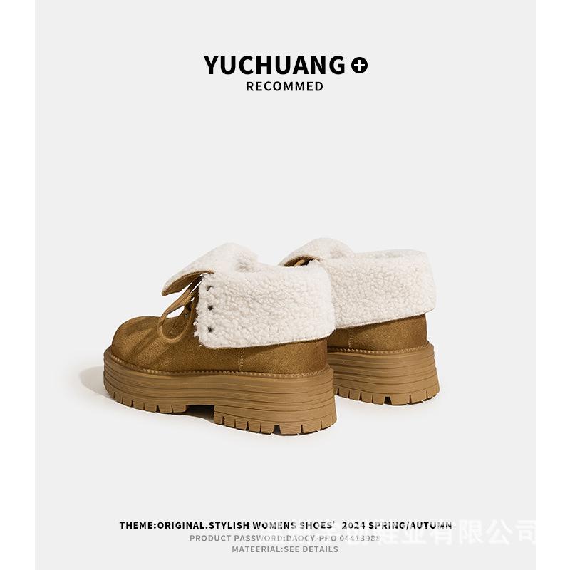 Retro flip-top two-wear Martin boots, women's cattle cashmere thick-soled inner height-increasing women's short boots, outdoor hiking shoes
