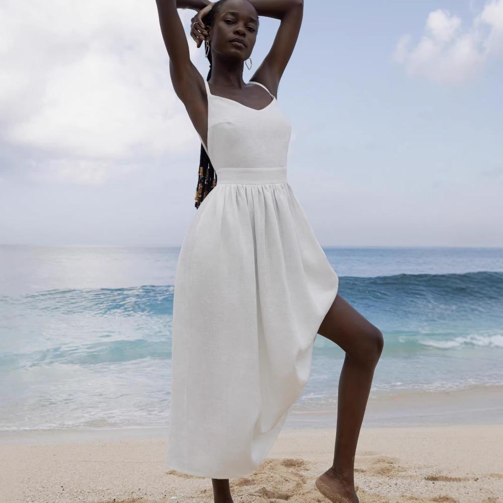 Women's Tie Spaghetti Strap Midi Dress Slim Waist A Line Solid Cotton Vacation Elegant Summer Sundress