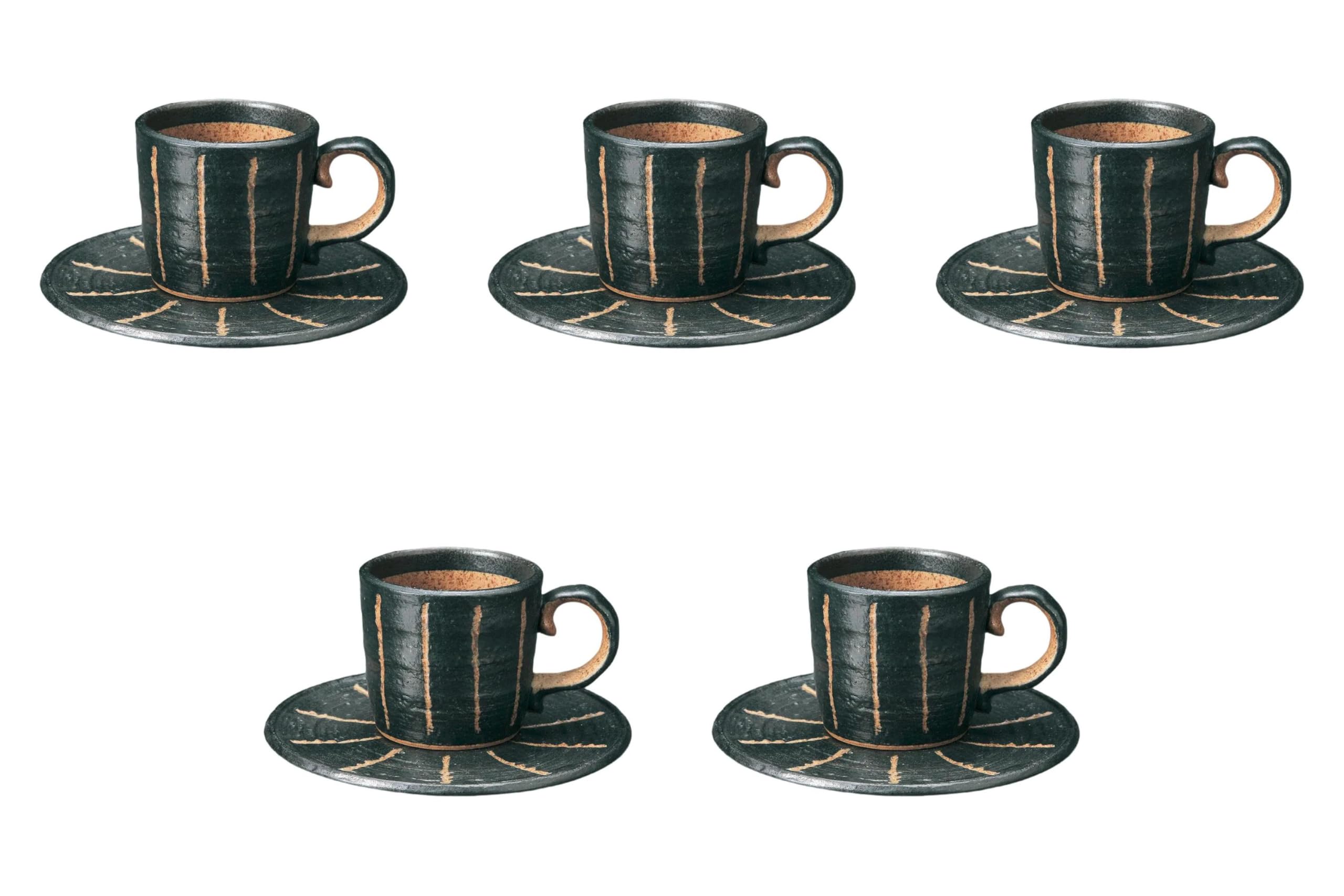 

Set of 5 Carved Horsetail Coffee Cups and Saucers x Ceramic Cups and Saucers by Setomonohonpo (Black) [15 1.5 cm] чёрный