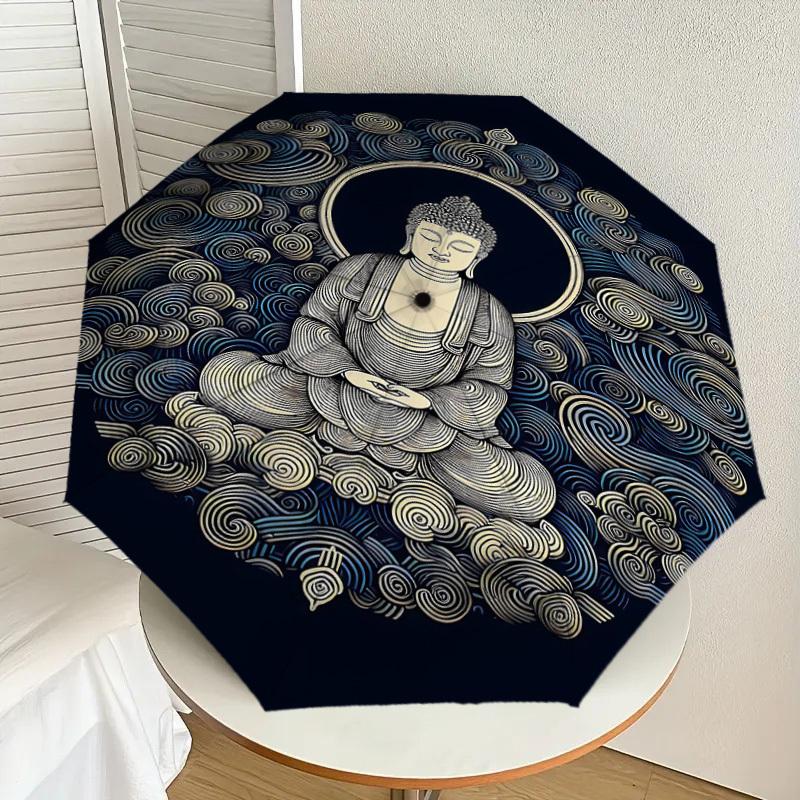 1pc Buddha Meditation Automatic Open/Close Umbrella Compact Folding Umbrella with 8-Rib Shaft for Women/Men, Elegant Birthday1246S