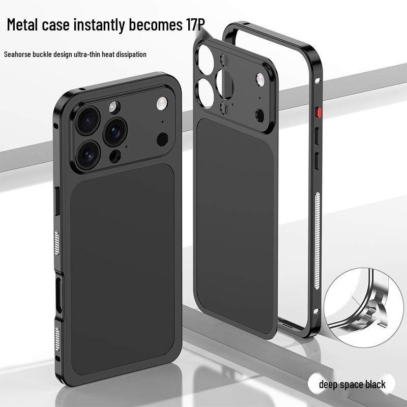 Seahorse Buckle Edge Frame with Metal Back Sticker for Apple 16 Pro Max/15 Pro/14 Pro – Instantly Transforms to Model 17