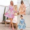 Women's V Neck Long Sleeve Mini A Line Dress Loose Fit Waist Tie Floral Print Elegant Casual Dress