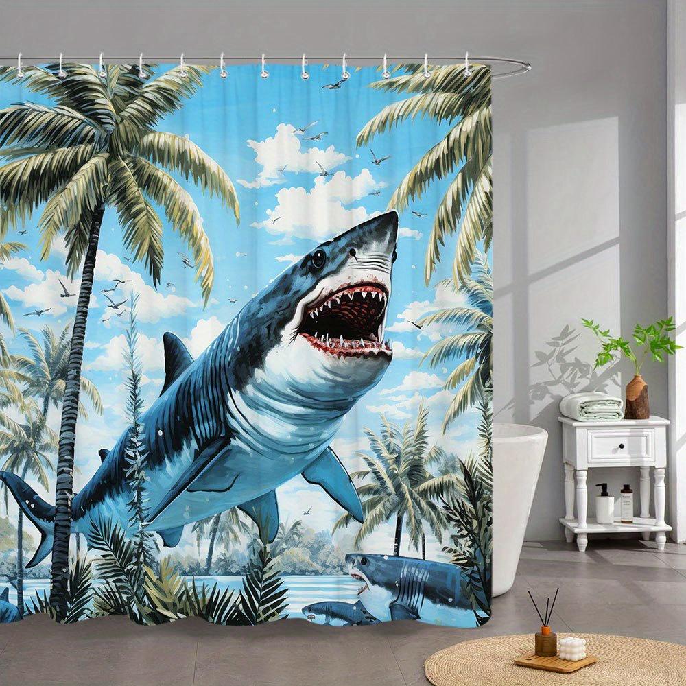 1 Stück Haiangriff Duschvorhang - Tropische Palme & Weißer Hai Design, Blaue Himmels- & Ruhige See Szene, 180X180CM
