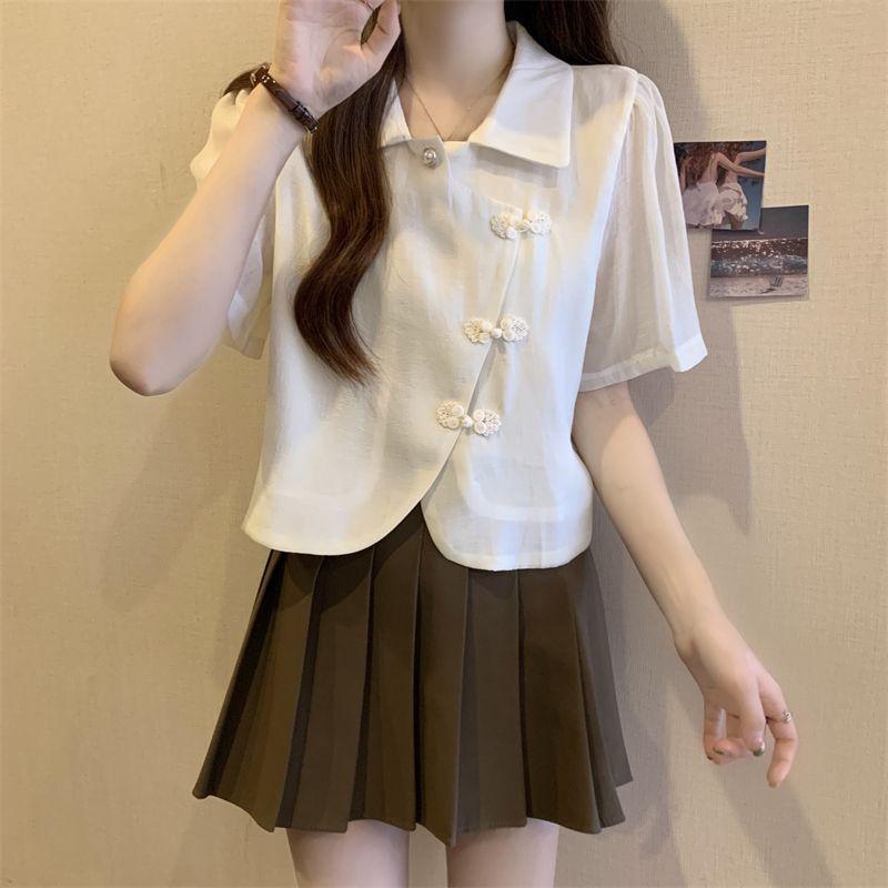 Women's Summer Slimming and Chubby Girl with Bubble Sleeves and Button Up Shirt Chinese Style Chiffon Top