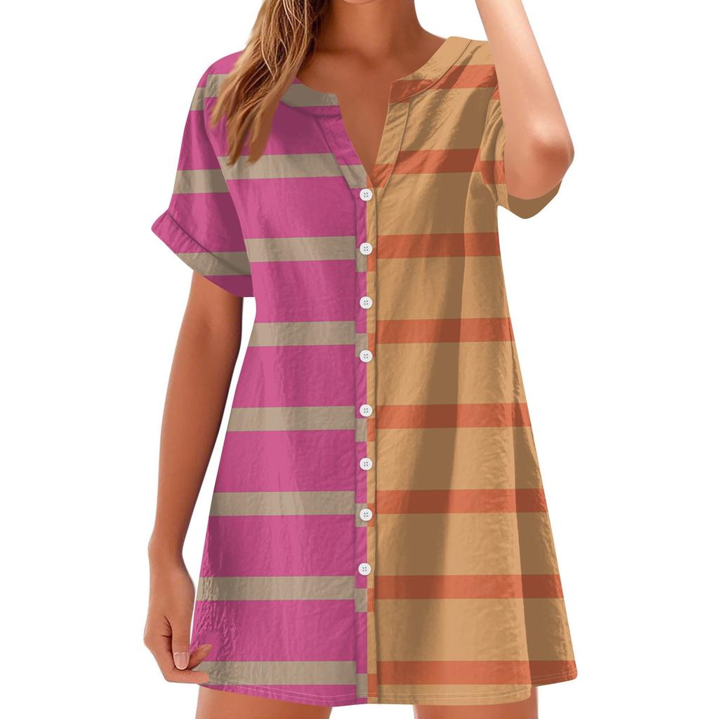 Women Fashion Casual V-neck Short Sleeve Button Stripe Print Dress