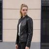 Womens Slim Fit PU Leather Jacket Stand Collar Zip Pockets Classic Streetwear