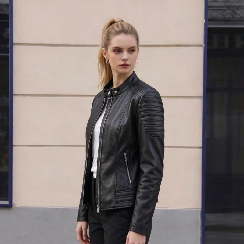 Womens Slim Fit PU Leather Jacket Stand Collar Zip Pockets Classic Streetwear