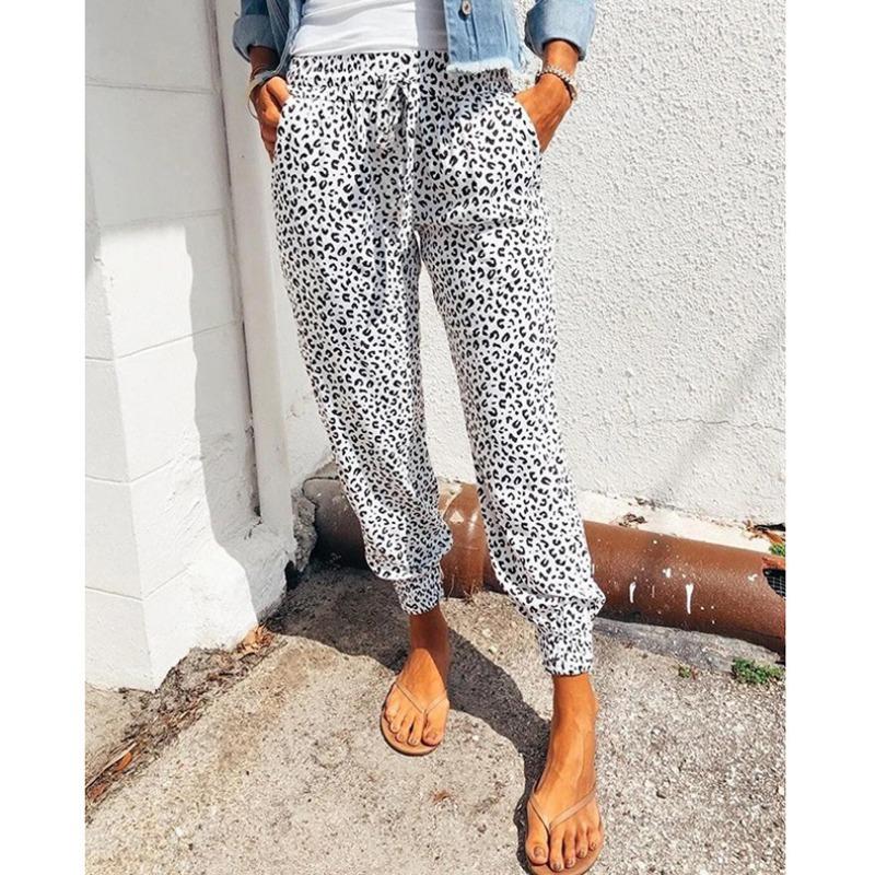 Women s Leopard Print Elastic Waist Jogger Pants Casual Pocket Harem Pants S белый