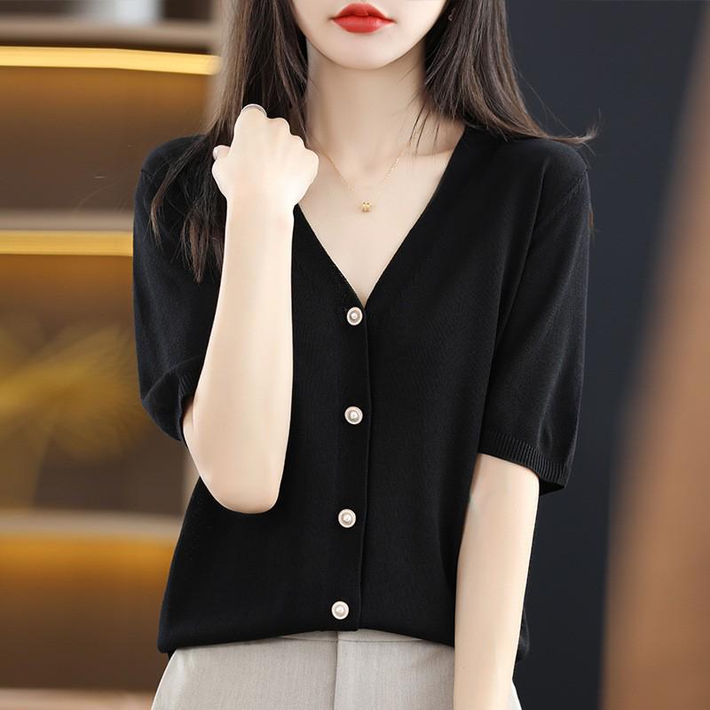 2025 Summer V-neck Knitted Short Sleeve Women's Cardigan Mid-Sleeve Ice Silk Top