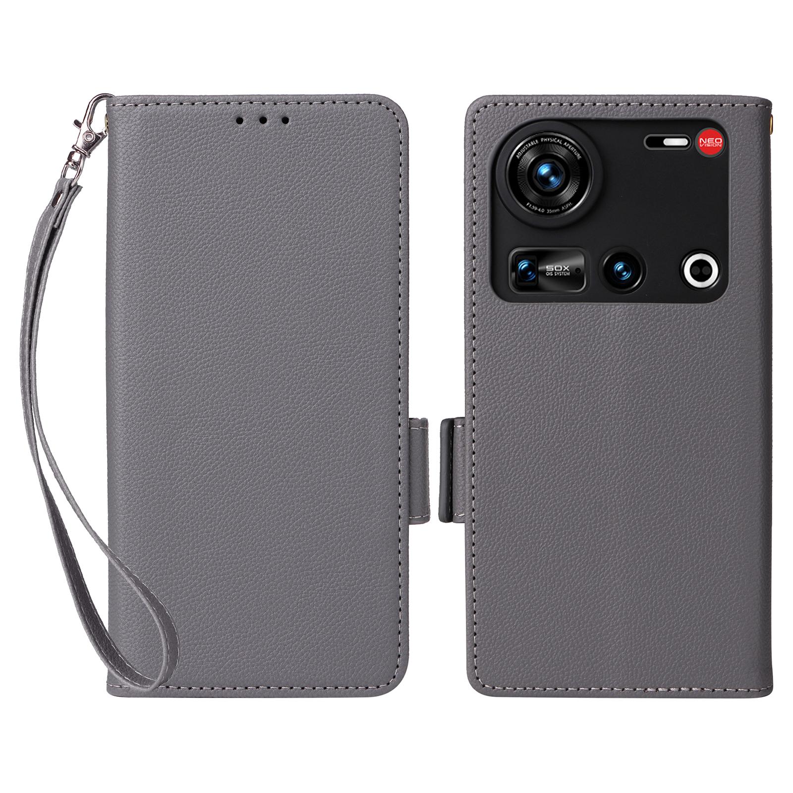 

For ZTE nubia Z70 Ultra 5G Case with Wrist Strap Litchi Texture PU Leather Wallet Phone Cover Grey