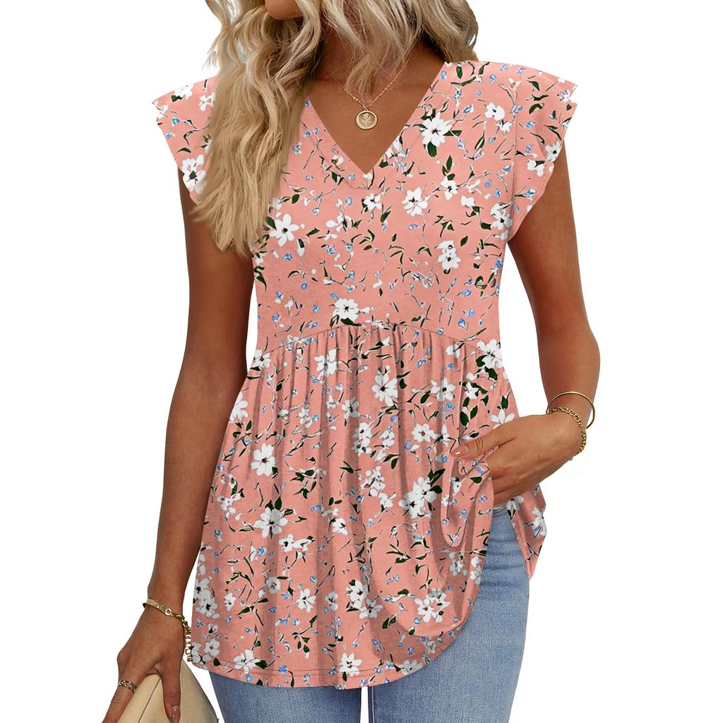 Womens Tops Fashionable V-neck Ruffled Sleeve Short-sleeved T-shirt Business Blouses