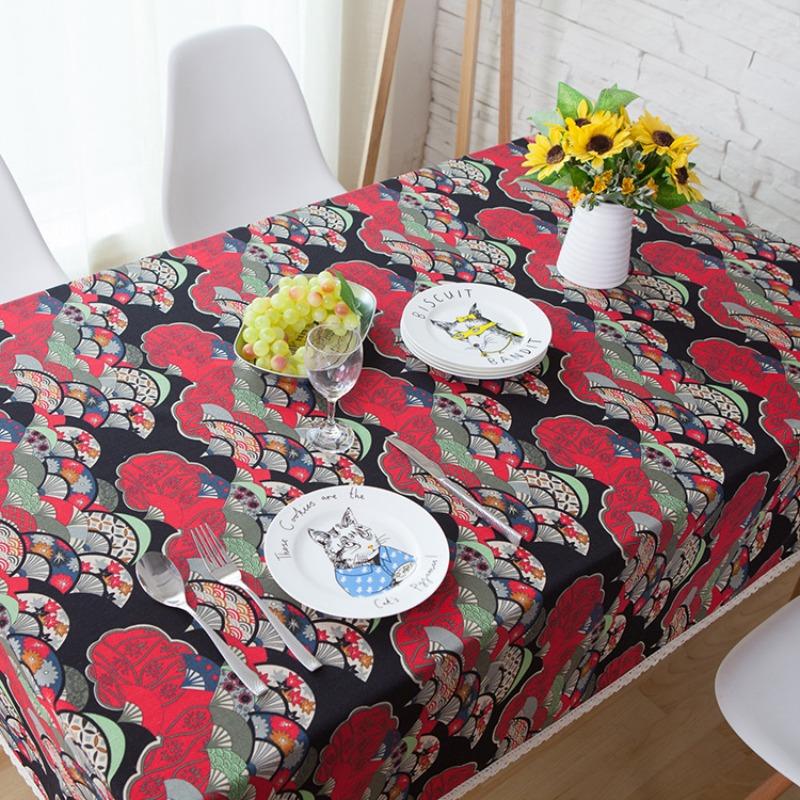 Japanese-Style Fan-Printed Tablecloth, Red Coffee Table Dining Table Cover With Off-White Trim, Holiday Decoration Cover
