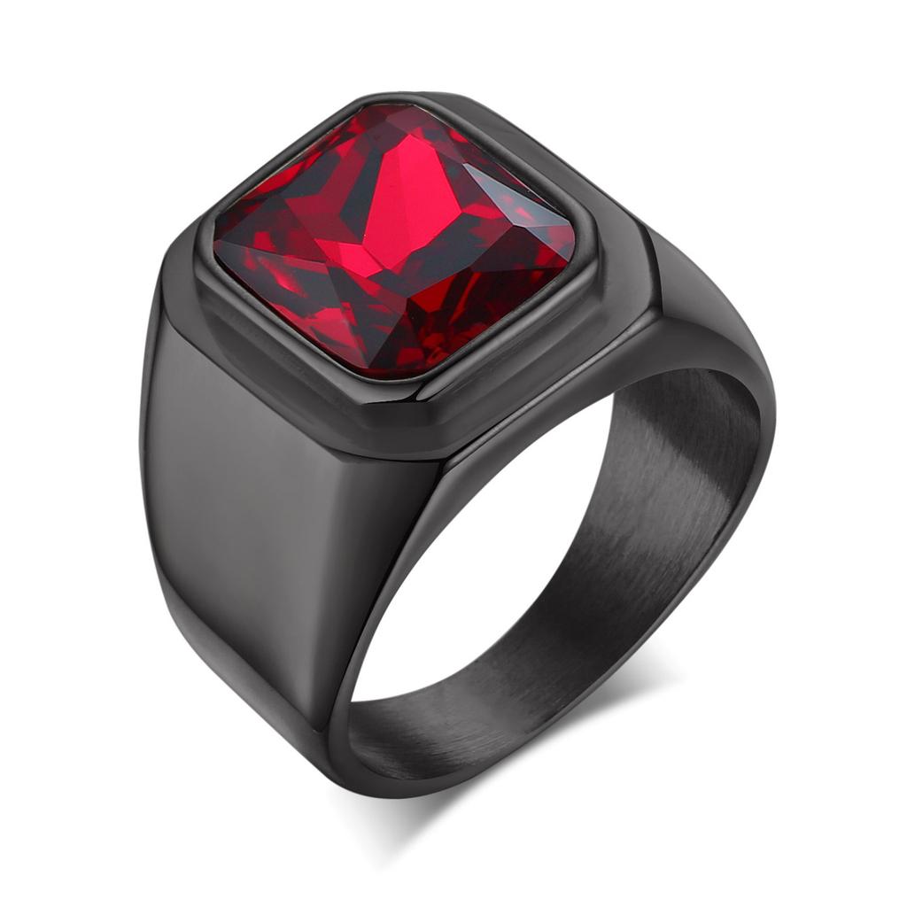 Punk Ethnic Red Stone Ring for Men,Gold Plated Stainless Steel Signet Ring,Square Round Ring Jewelry Gift