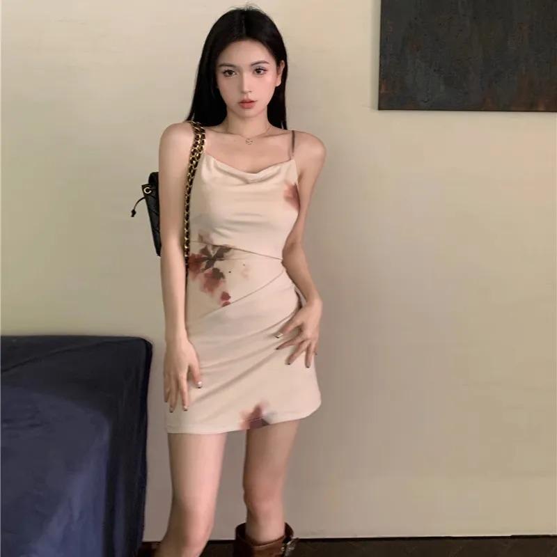 Nieuwe Chinese Stijl Pure Lust Hete Meisje Mesh Bretels Bedrukt Jurk Slanke Heupomwikkeling Rok