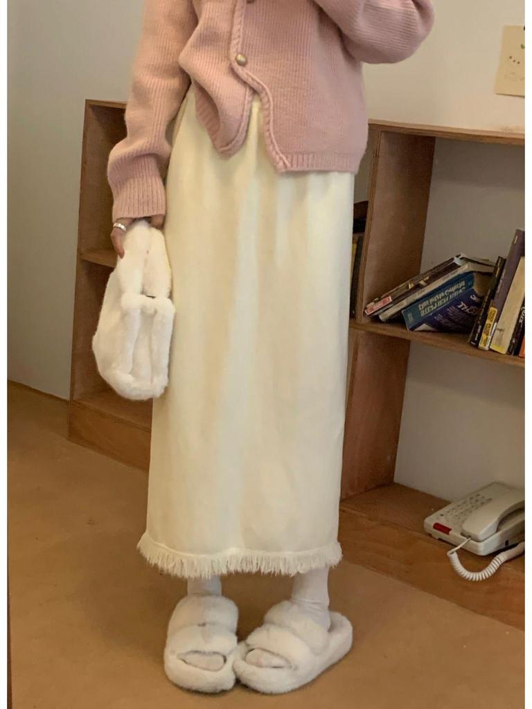 Tassel Knit Over-Knee High Waist Slim Wool Skirt with Matching Sweater