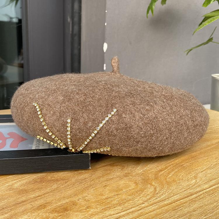 Winter French Black Fleece Painter Artist Cheapeau Red 100% Wool Chunky Blingbling Diamonds Beret Girls Hat for Women