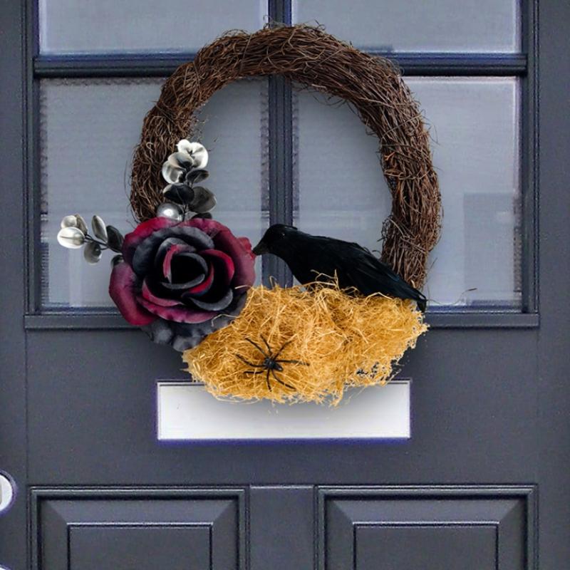 Halloween Dead Branch Rose Crow Wreath Gothic Garland Creepy Decor For Front Door Porch Window Indoor Outdoor Halloween Decor