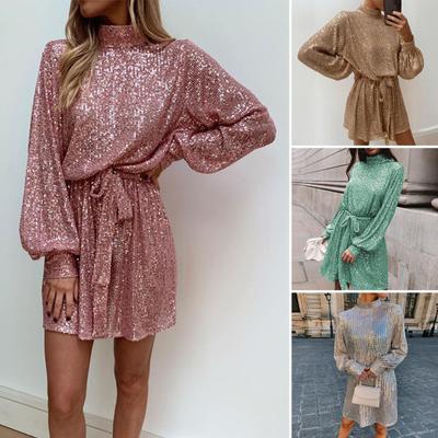 Women Sequined Lace Up Dress O-neck Long Sleeve Short Dress Solid Color