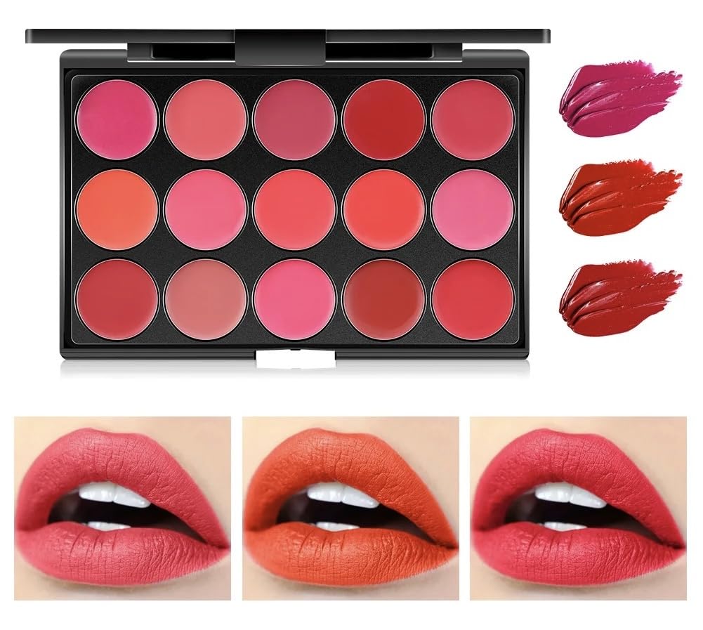 Feelhigh 15 Colors Lip Palette Makeup,Pro Lip Gloss Cream Palette, Matte Red Lipstick Set for Women, Matte Duration 24 Lip Stain Long Lasting Wate