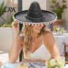 Lehký slaměný klobouk Mexické Sombrero s barevnými střapci, Havajský styl Pletený klobouk proti slunci, Široký okraj Kostým na tematickou párty pro letní plážové cestování