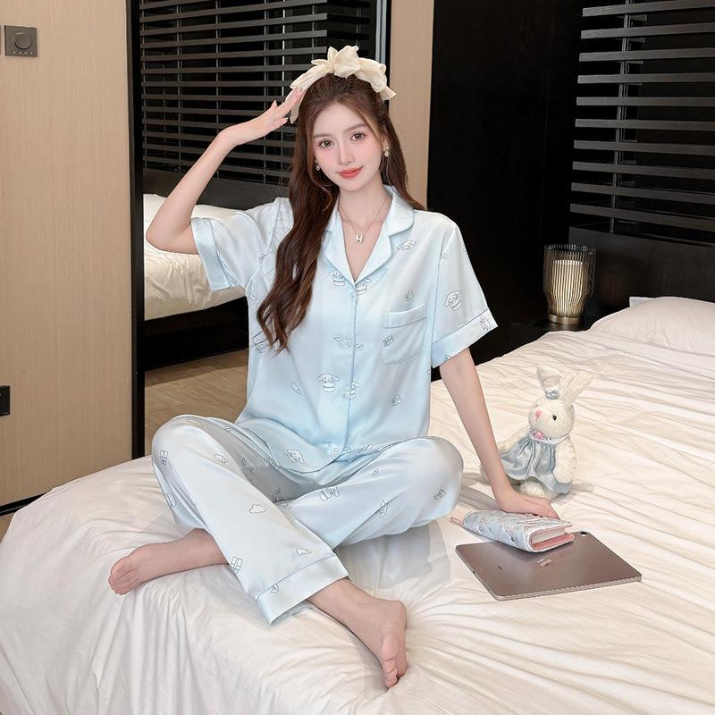 1011 new ice silk pajamas women's short-sleeved trousers thin sweet cartoon casual can be worn outside loungewear three-piece set