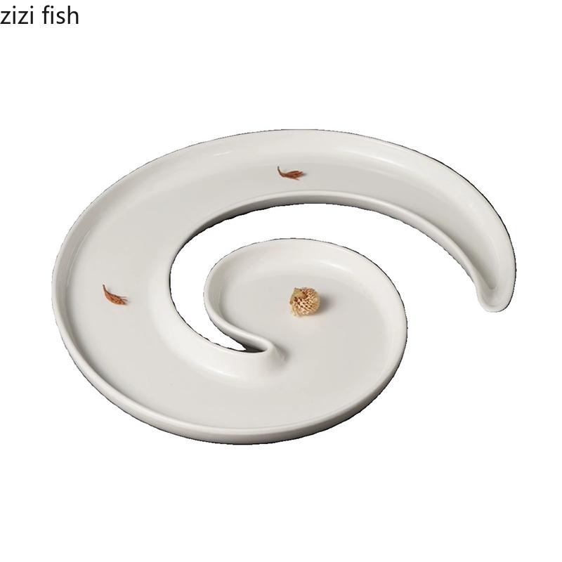 Solid Color G-shaped Ceramic Fish Plate Creative Curved Service Plate Snack Plate with Tray Restaurant Specialty Tableware