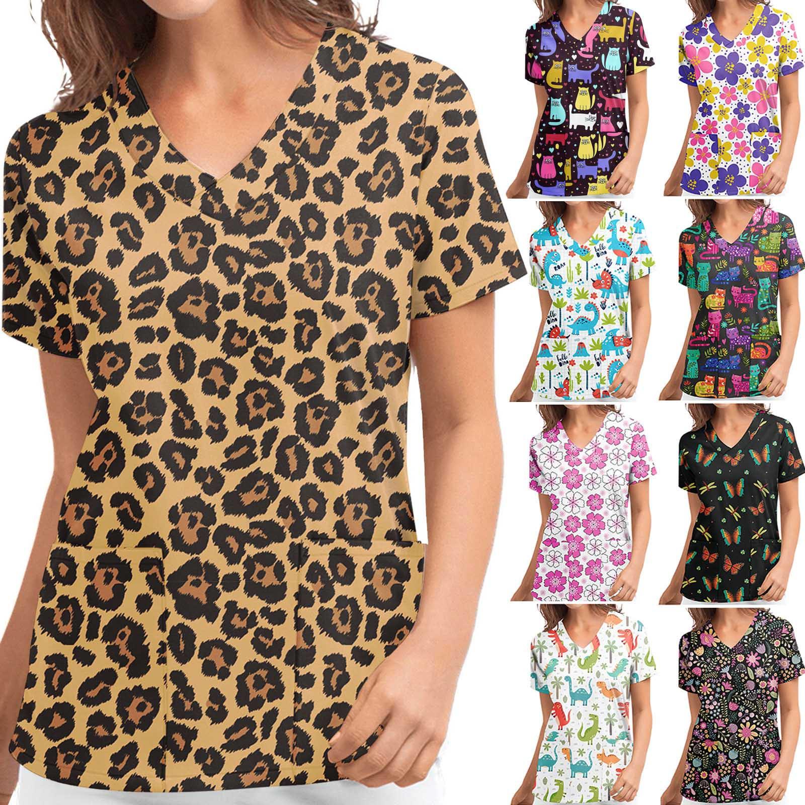 

Women s Fashion Print Short Sleeved V Neck Tops Workwear Pocket Tops