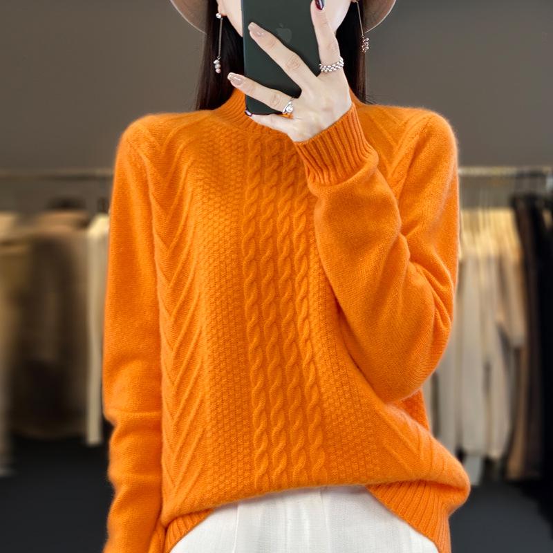 Women's High-Neck Wool Sweater: Autumn/Winter Loose Fit Cable Knit Base Layer, Thickened and Stylish.