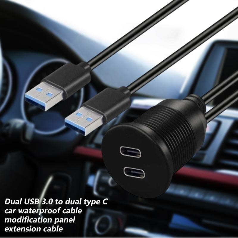 Double USB 3.0 to Double Type C Waterproof Vehicle Chargers Extension Cable Panel Mount for Car Motorcycle Fast Data Transfer
