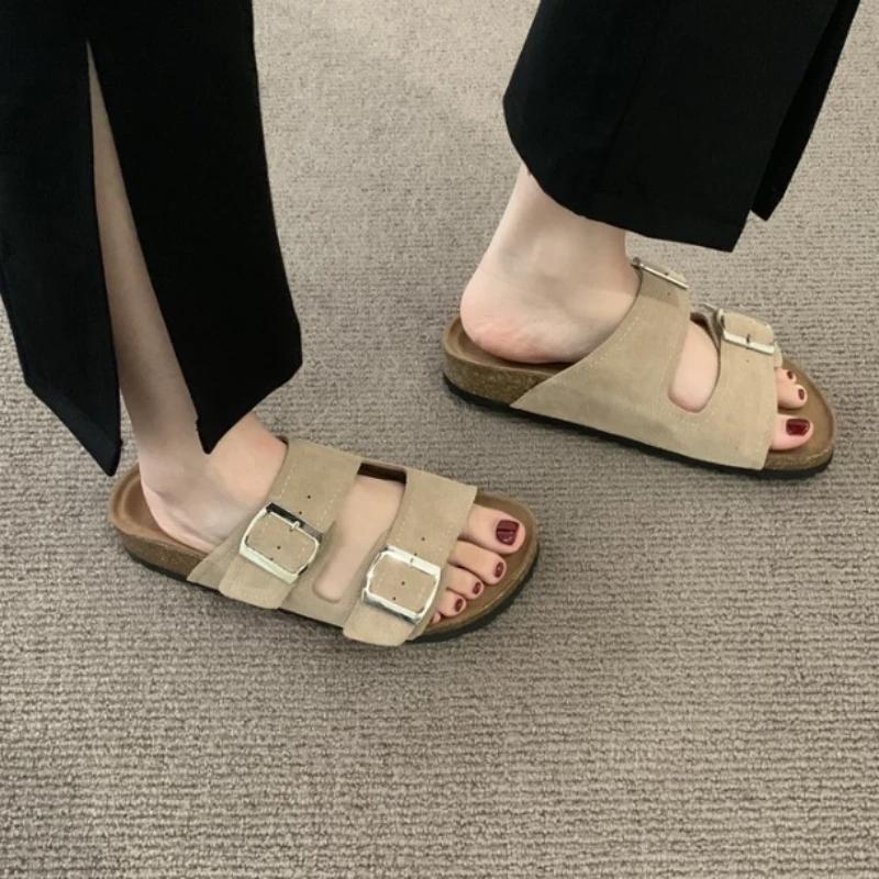 fashion 2024 Hot Sale Shoes for Women Plus Size Women's Slippers Fashion Belt Buckle Casual Slippers Women Summer Peep Toe Flat Slippers