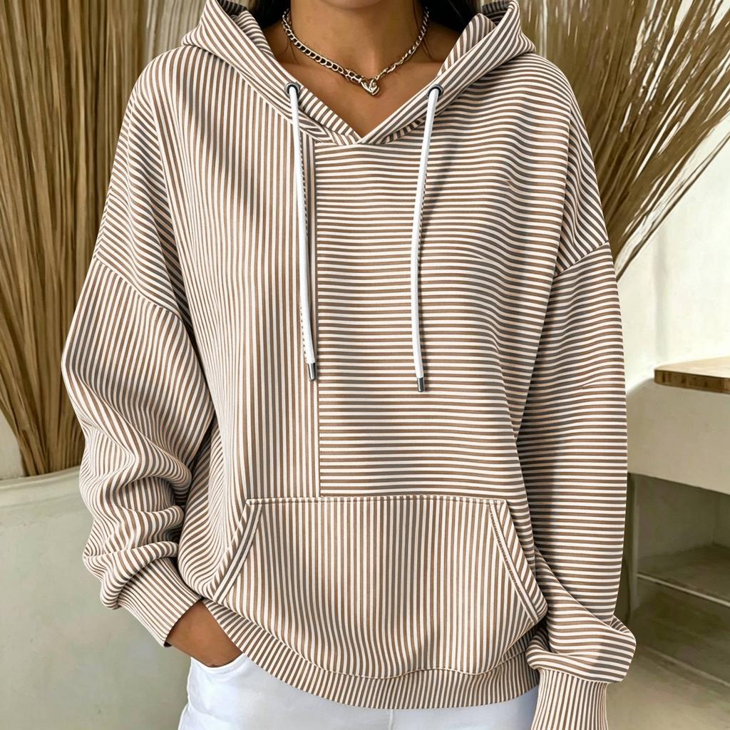 Women's Loose Fit Hooded Striped Long Sleeve Pullover with Pockets