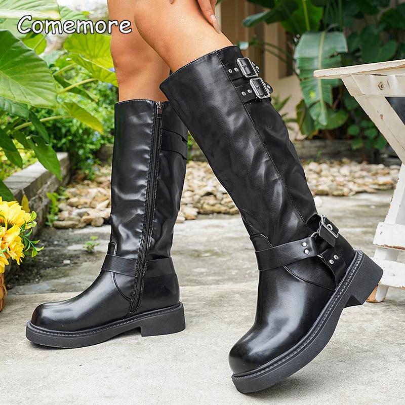 Fashion New Autumn Winter Women's Riding Boots 2025 Fashion Black PU Leather Knee High Boots Woman Buckle Chunky Platform Botas Mujer