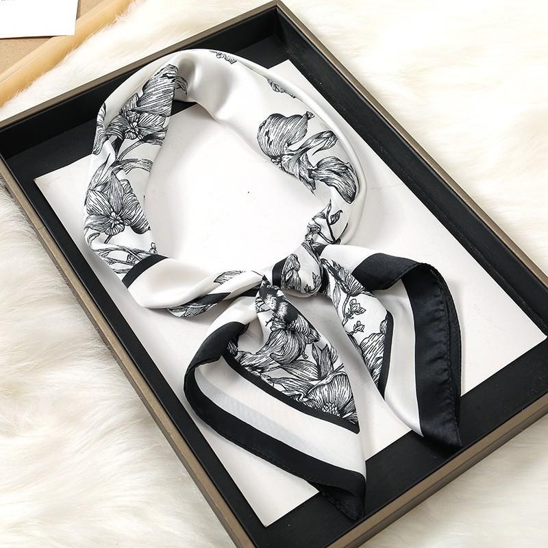 70cm Black White Floral Pattern Scarf Literary Floral Temperament Kerchief Clothes Accessory Scarves Shawl Sun Protection Scarf