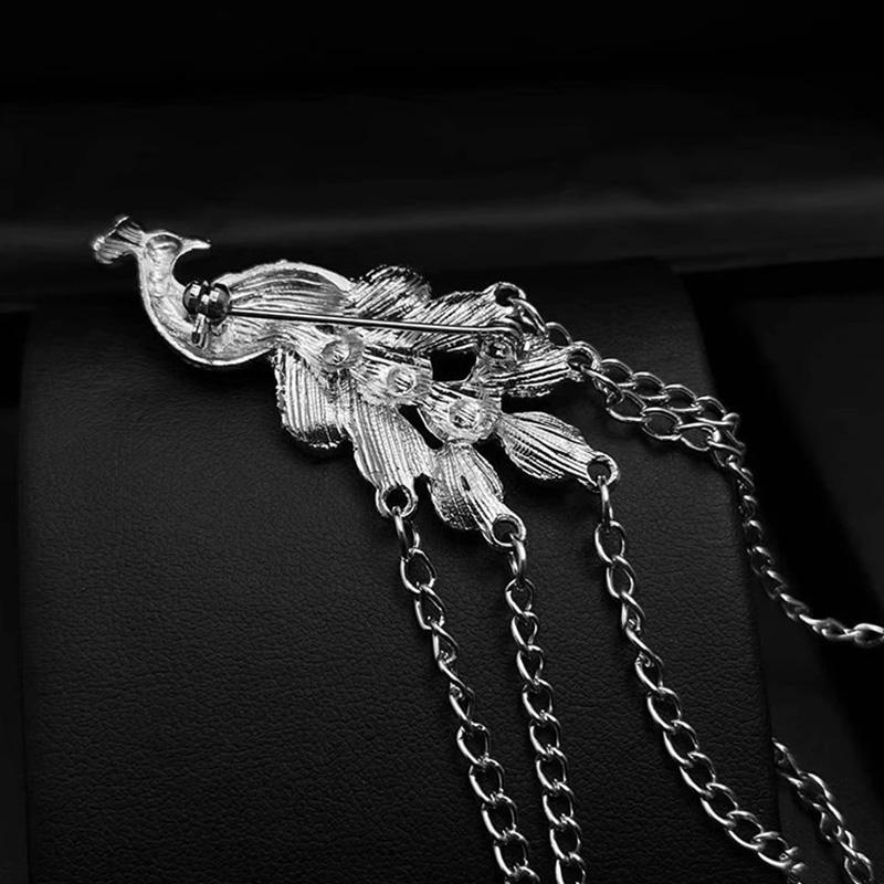 1PC Peacock Suit Accessories Chain Tassel Collar Pins Vintage Men Women Crystal Corsage Brooch Pin