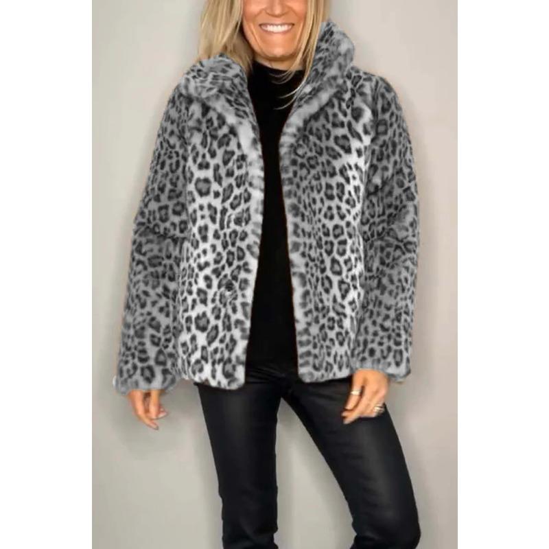 Fashion Leopard Print Turn Down Collar Women Faux Fur Woolen Winter Outer Coat